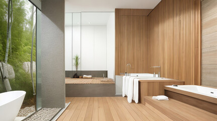 Tranquil modern bath with accents of natural wood, textured stone feature wall housing frameless shower - Generative AI