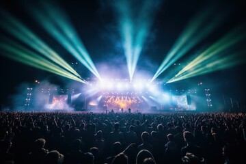 A music festival with a brightly lit stage and enthusiastic crowd