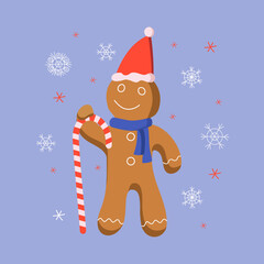 Gingerbread man in Santa hat and scarf. Sweet food, holiday dessert. Christmas homemade gingerbread on an isolated background. Snowflakes. Festive cookies. Graphic vector. © Olga