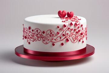Obraz na płótnie Canvas Festive original cake covered with white mastic , decorated with red hearts and ornaments on white background, concept of sweet gift for Valentine's Day and birthday