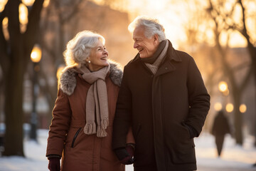 an elderly couple in love holding hands, walking in a winter park,the concept of family values,medicine,tourism,valentine's day,positive aging