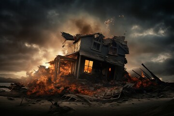 Devastated Dramatic house destroyed. Wind disaster. Generate Ai - obrazy, fototapety, plakaty