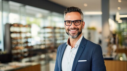 Fototapeta premium Optical Sales Consultant. Portrait of Pretty Man in Glasses
