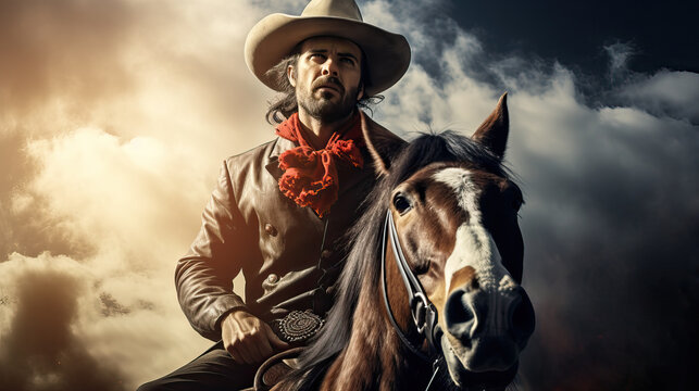 Cowboy Portrait on Horse. Courageous man