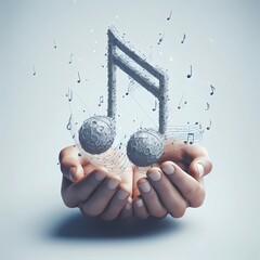 human hands holding 3d music note on white background