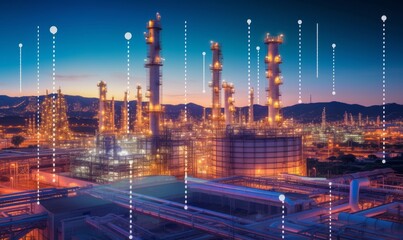 Oil​ refinery​ with oil storage tank with price graph and petrochemical​ plant industrial background at twilight, Aerial view oil and gas refinery at, Generative AI  - obrazy, fototapety, plakaty