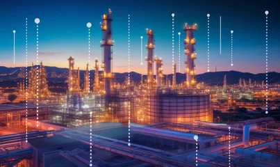 Schilderijen op glas Oil​ refinery​ with oil storage tank with price graph and petrochemical​ plant industrial background at twilight, Aerial view oil and gas refinery at, Generative AI  © Geetanjali