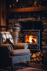 Hygge coziness emanates from a warm fireplace, creating a comforting atmosphere with soothing vibes