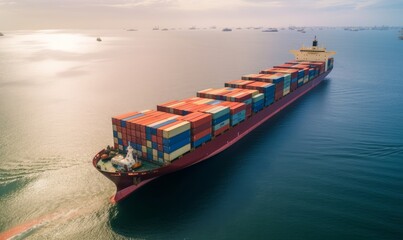 Aerial view container cargo ship, Global business industry import export commerce trade logistic and transportation international worldwide by container cargo ship boat, Freight, Generative AI 