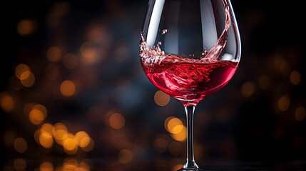 Red wine filling a wine glass. Dark background with out of focus lights, copy space. - obrazy, fototapety, plakaty