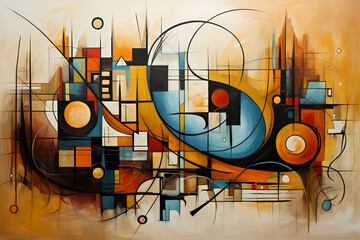 abstract art painting confusing design in the style of 
cubism, expressionism, 
surrealism. Complex colorful shapes and lines muddled as creativity, overload, confusion concept. - generative ai