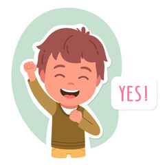 Happy boy person gesturing raising fist up. Yes text and smiling child posing showing victory success gesture. Positive kid cartoon character portrait, clenched hand sign flat vector illustration