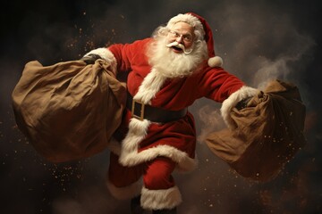 Cheerful Santa Pulling a Huge Sack of Christmas Gifts