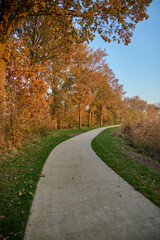 The setting sun gives autumn colors to the trees next to a beautiful walking path