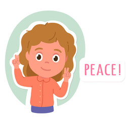 Smiling girl person showing peace sign. Peace text and happy child posing gesturing. Peaceful kid cartoon character portrait, two finger hand gesture, victory concept flat vector illustration