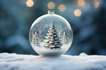 Christmas Tree Captured in Glass Ornament on Frosty Background