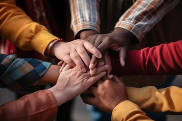 Close-ups of hands of different ages and ethnicities holding each other in solidarity, representing unity and peace, with copy space