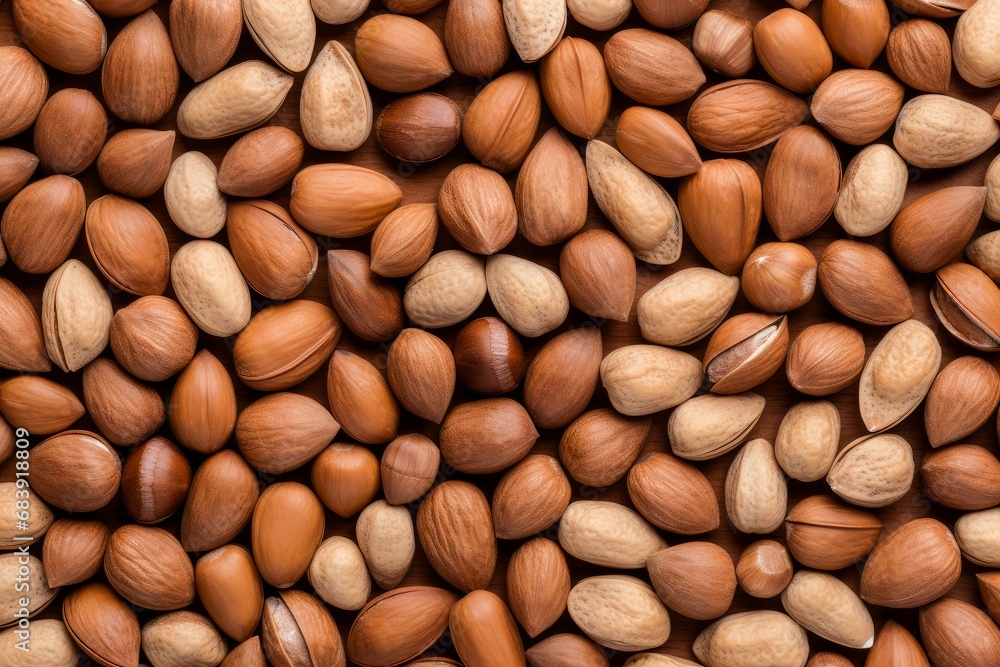Poster duplicated identical nut background. group shell. generate ai