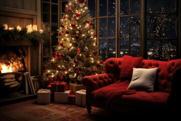 Cozy Christmas Ambience with Tree and Red Lights