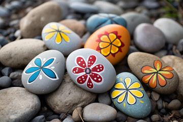 Close-ups of peace-themed symbols painted on rocks or stones placed in nature, spreading messages of tranquility, with copy space