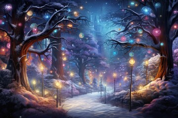 Fantasy Forest with Snow-Covered Trees and Colorful Christmas Lights