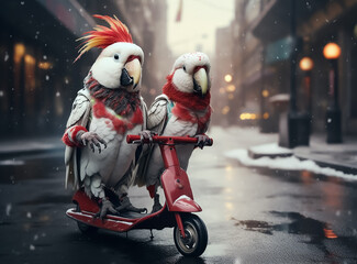 Couple parrots lovers riding Scooter wearing Red Scarfs and charismas jackets, winter vibes, snows, city street  - obrazy, fototapety, plakaty