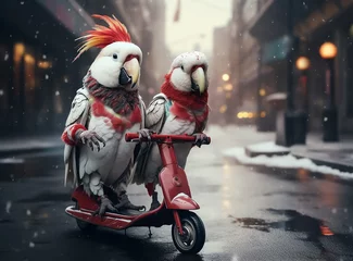 Fotobehang Couple parrots lovers riding Scooter wearing Red Scarfs and charismas jackets, winter vibes, snows, city street  © beshoy