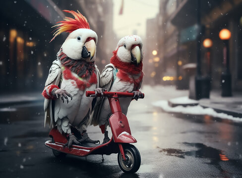 Couple parrots lovers riding Scooter wearing Red Scarfs and charismas jackets, winter vibes, snows, city street 
