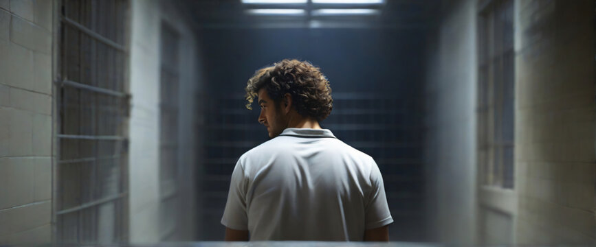 A man with his back turned, his curly hair cascading down his shoulders, sits in a dimly lit prison cell