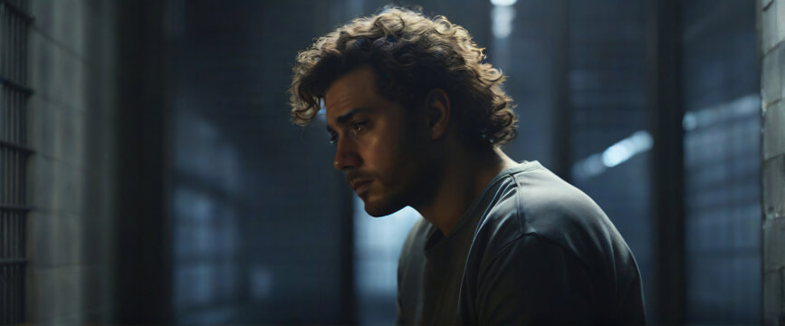 A man with his back turned, his curly hair cascading down his shoulders, sits in a dimly lit prison cell