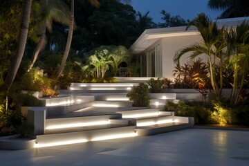 Luminous Illuminated staircase backyard terrace. Nature house. Generate Ai