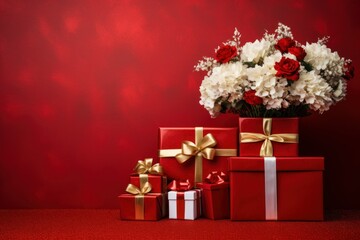 Joyful Christmas Arrangement with Gift and Red Backdrop