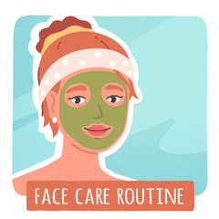 Woman face skin care routine sticker. Girl wearing head band and applying cosmetic facial mask. Person skincare, skin health, hygiene, spa treatment procedure, beauty flat vector illustration