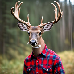 deer wearing flannel shirt - obrazy, fototapety, plakaty
