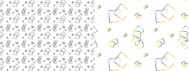 a set of seamless patterns created from intersecting squares with a gradient fill on a white background