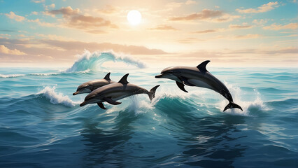 A pod of dolphins leaping gracefully AI-Generative - obrazy, fototapety, plakaty