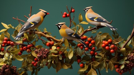 A group of cedar waxwings feasting on ripe berries, their sleek bodies and distinctive masks adding charm to the verdant scene.