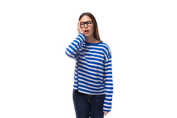 Fototapeta premium young stylish woman with straight hair wears eyeglasses on a white background