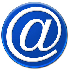 A white email address icon on a blue glassy button vector illustration
