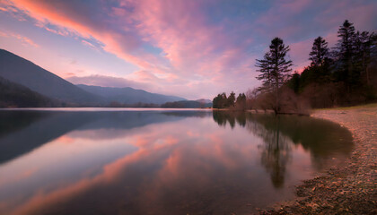 Beautiful cloudy sunset over a still mountain lake, dramatic colors photograph, reflecting the sky and trees. GenerativeAI