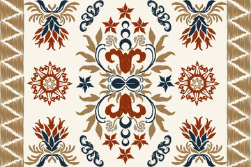 Ethnic pattern  flower Ikat Aztec African Mexican tribal flower motif on black background border embroidery.