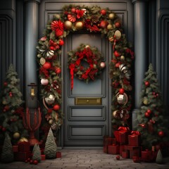 Fototapeta na wymiar Christmas Wreath Adorning the Door with Festive Elegance
