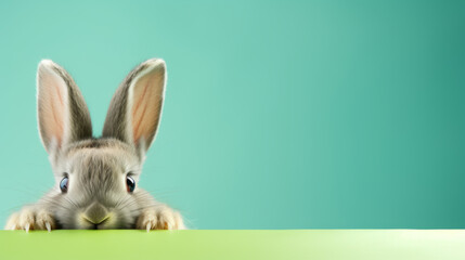 Fototapeta na wymiar Rabbit peeking over pastel green bright background with paws