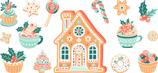 Christmas sweet-stuff food set. Holiday confection - gingerbread, candy and cupcake for winter. Hot drink with marshmallow and cream. Isolated vector illustration for flyer, poster, greeting card.