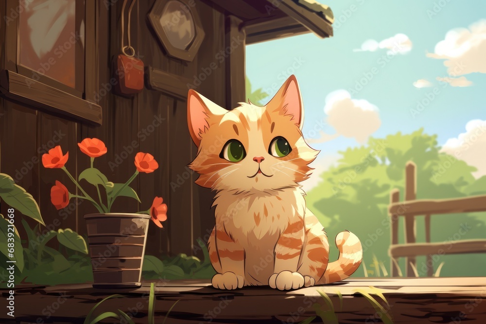 Poster Cute Cartoon Cat Storybook Illustration on a Farm