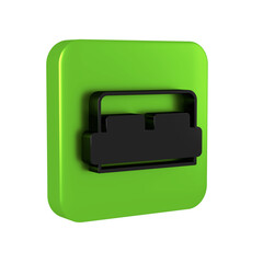 Black Hotel room bed icon isolated on transparent background. Green square button.