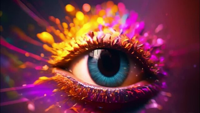 bright blue eyes with colorful artistic makeup and splashes of pink and purple