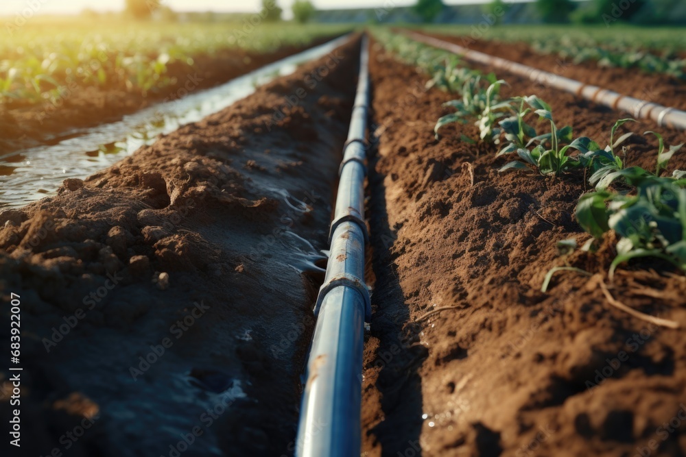 Aufkleber an image of a pipe located in the middle of a field of crops. this picture can be used to depict agr