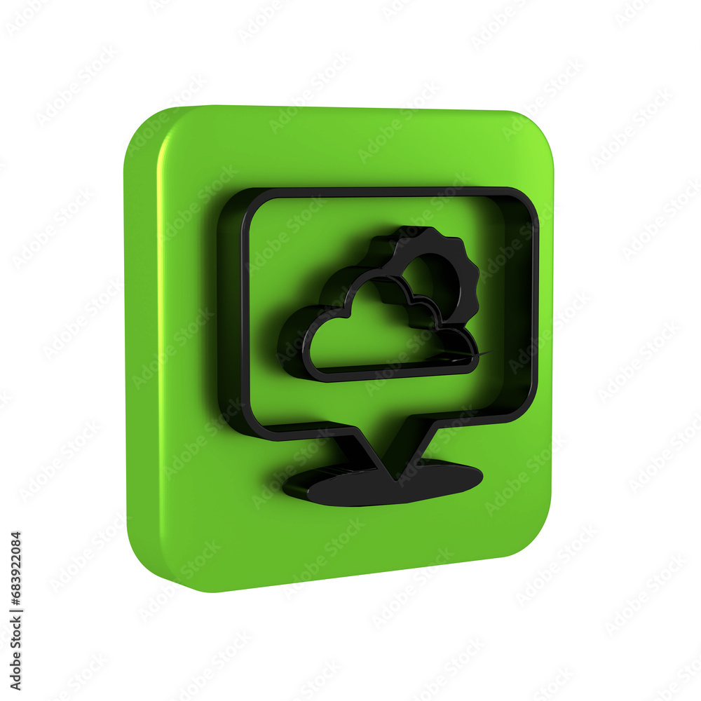 Poster black location cloud icon isolated on transparent background. green square button.