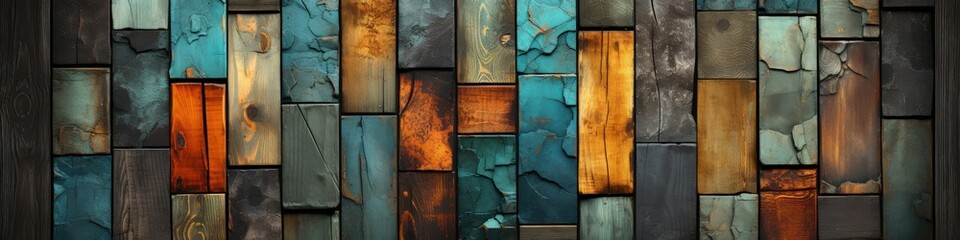 Vibrant Multicolored Wooden Plank Wall - obrazy, fototapety, plakaty